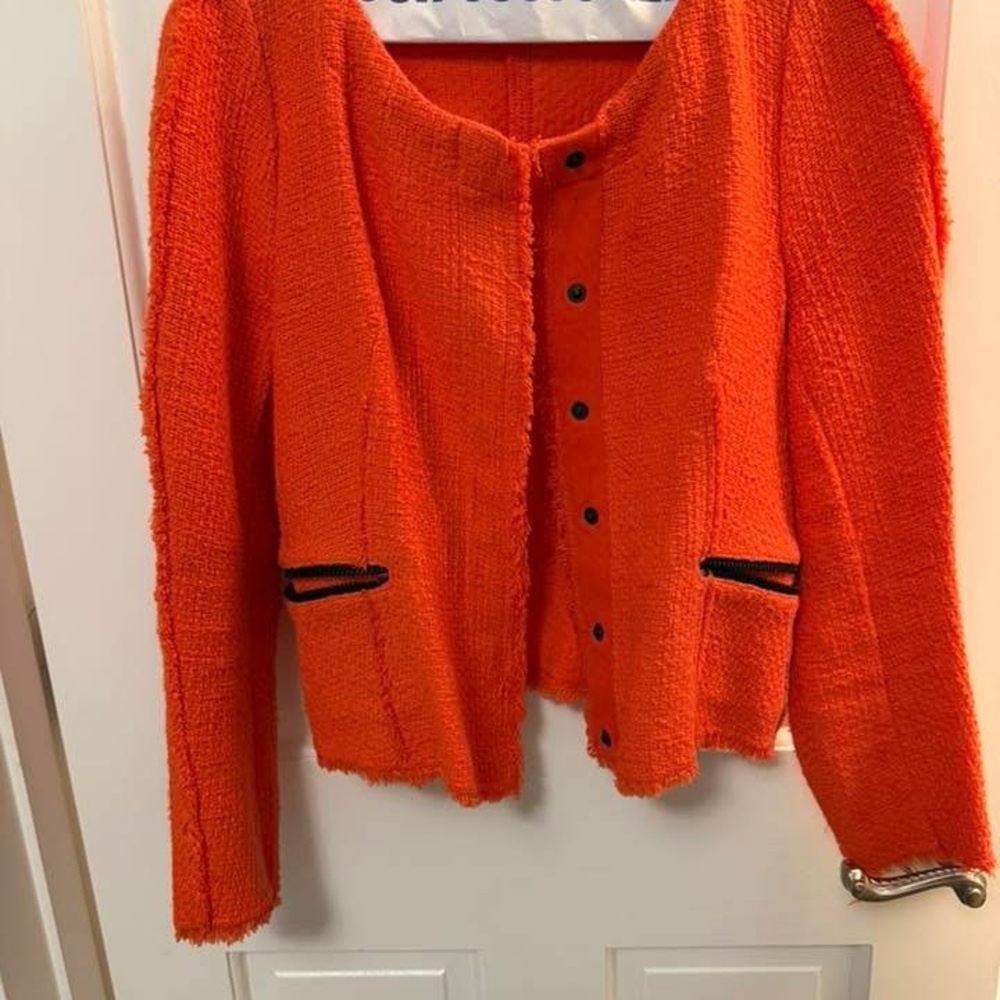 Zara Orange Bouclé Open-Front Blazer with Black Trim